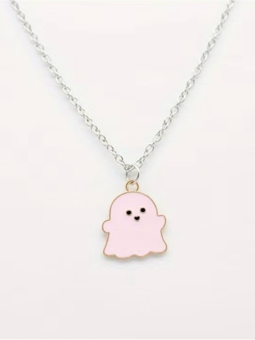 Pink Enamel Ghost Pendant Necklace - Cute Pink Charm